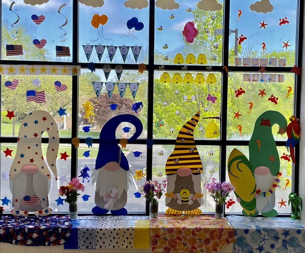 gnomes decorated window for summer