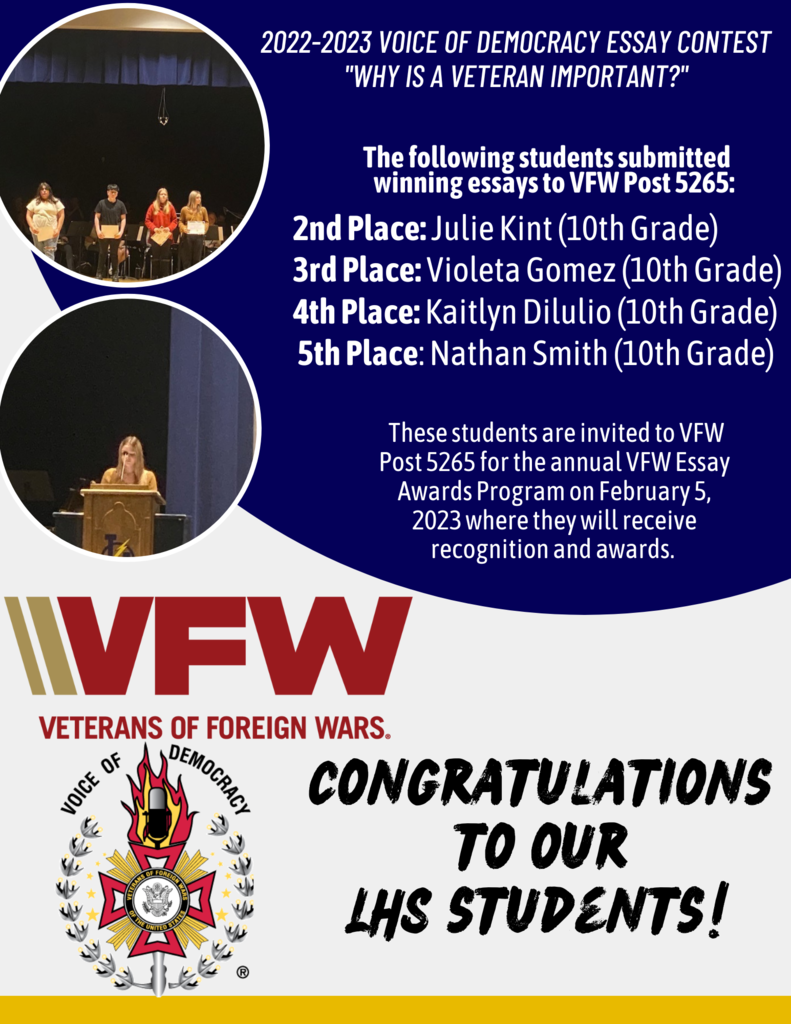 Congratulations to our LHS students for their winning essays in the VFW's Voice of Democracy Essay Contest!