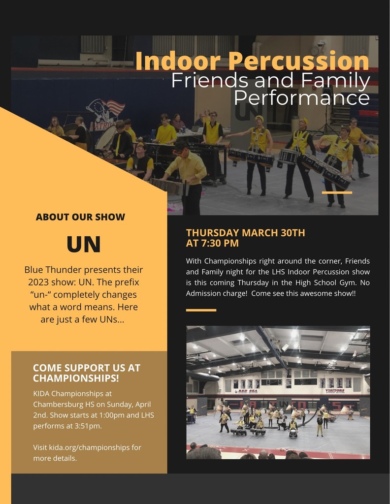 TONIGHT! Come to Littlestown High School gym to watch a Friends and Family Night to see LHS Indoor Percussion show, "Blue Thunder"
